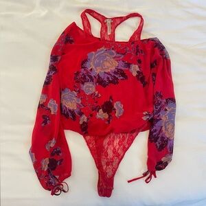 Free People long-sleeved red floral top with attached lace bodysuit